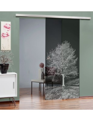 Glasschiebetür SLIM-LINE Baum Gelasert Auf Grauglas