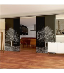 Glasschiebetür SLIM-LINE Baum Gelasert Auf Grauglas