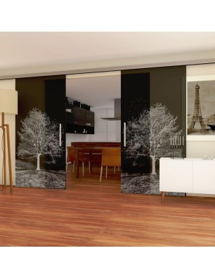 Glasschiebetür SLIM-LINE Baum Gelasert Auf Grauglas