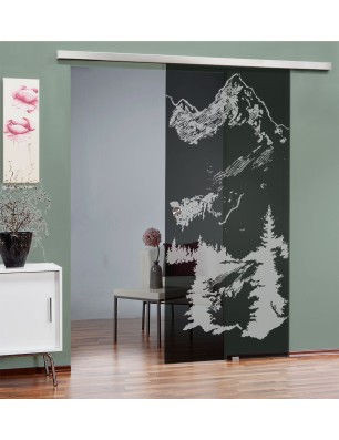 Glasschiebetür SLIM-LINE Rocky Mountain Gelasert Auf Grauglas
