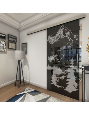 Glasschiebetür SLIM-LINE Rocky Mountain Gelasert Auf Grauglas