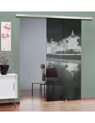 Glasschiebetür SLIM-LINE Pagode Gelasert Auf Grauglas