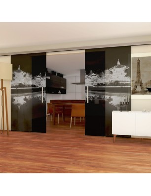 Glasschiebetür SLIM-LINE Pagode Gelasert Auf Grauglas