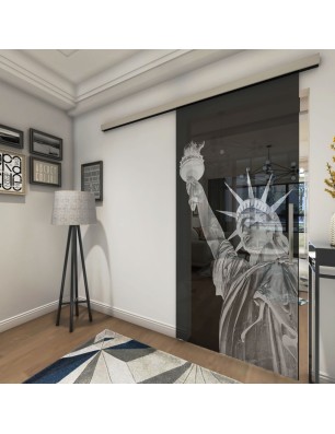 Glasschiebetür SLIM-LINE Freiheitsstatue Gelasert Auf Grauglas