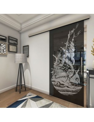 Glasschiebetür SLIM-LINE Segelschiff Gelasert Auf Grauglas