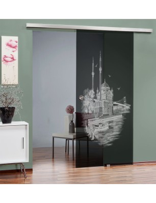 Glasschiebetür SLIM-LINE Istanbul Gelasert Auf Grauglas