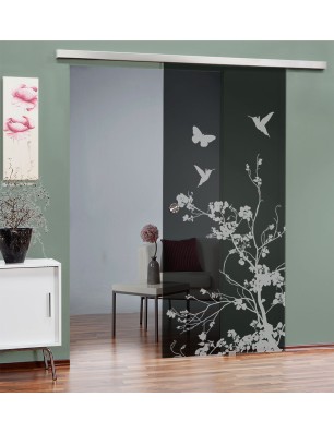 Glasschiebetür SLIM-LINE Birds Gelasert Auf Grauglas