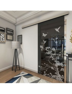 Glasschiebetür SLIM-LINE Birds Gelasert Auf Grauglas