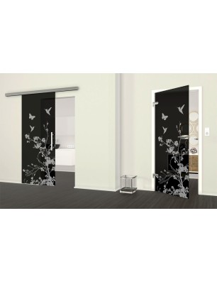 Glasschiebetür SLIM-LINE Birds Gelasert Auf Grauglas