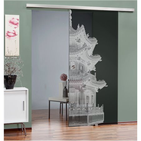 Glasschiebetür SLIM-LINE Pagode II Gelasert Auf Grauglas