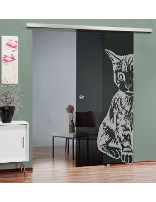 Glasschiebetür SLIM-LINE Katze Gelasert Auf Grauglas