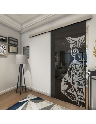 Glasschiebetür SLIM-LINE Katze Gelasert Auf Grauglas