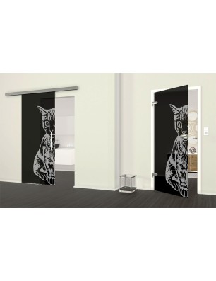 Glasschiebetür SLIM-LINE Katze Gelasert Auf Grauglas