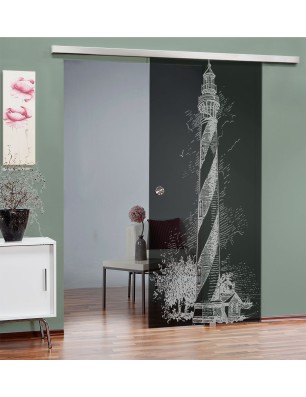 Glasschiebetür SLIM-LINE Leuchtturm Gelasert Auf Grauglas