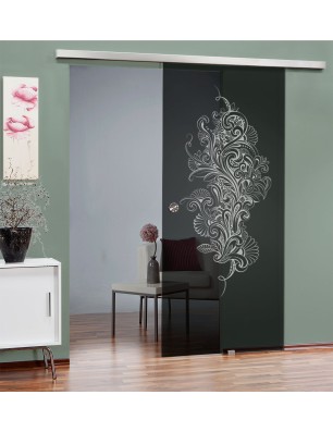 Glasschiebetür SLIM-LINE Florale Kunst Gelasert Auf Grauglas