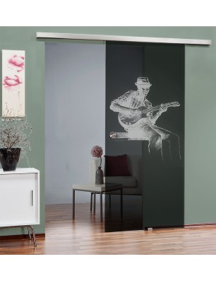 Glasschiebetür SLIM-LINE Gitarist Gelasert Auf Grauglas