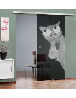 Glasschiebetür SLIM-LINE Drinking Cat Gelasert Auf Grauglas