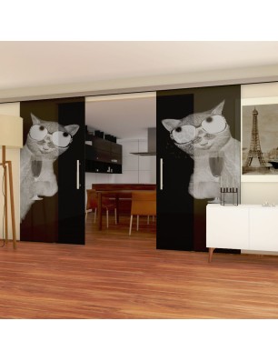 Glasschiebetür SLIM-LINE Drinking Cat Gelasert Auf Grauglas