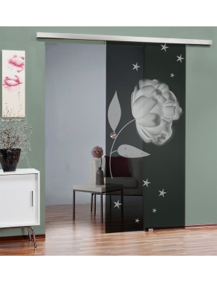 Glasschiebetür SLIM-LINE Blume Gelasert Auf Grauglas