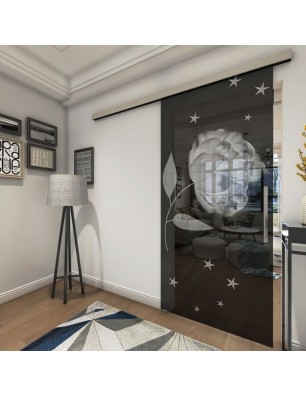 Glasschiebetür SLIM-LINE Blume Gelasert Auf Grauglas