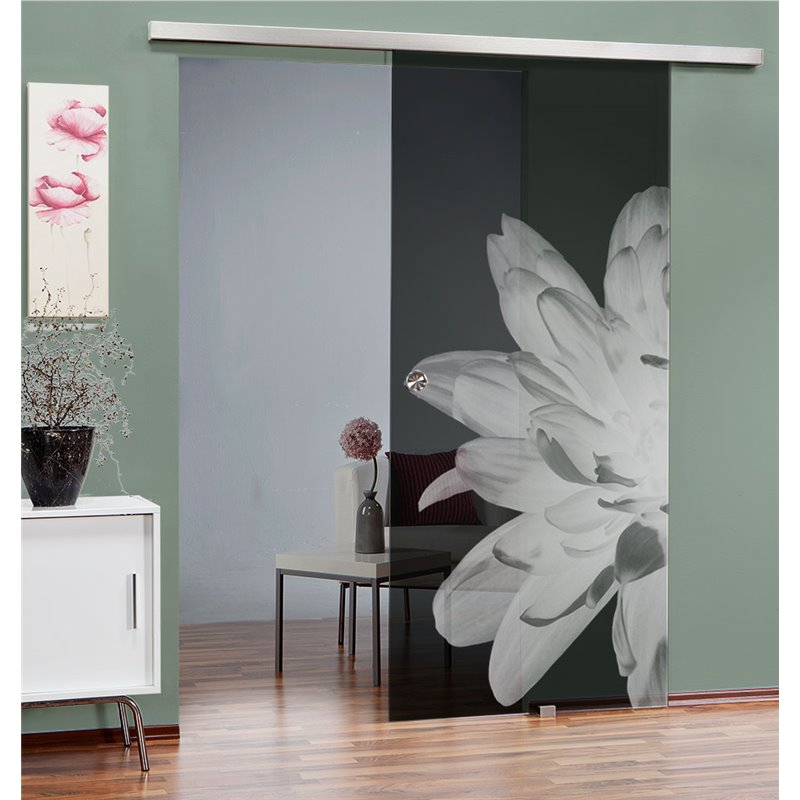 Glasschiebetür SLIM-LINE Blume 2 Gelasert Auf Grauglas Glasschiebetür SLIM-LINE Blume 2 Gelasert Auf Grauglas