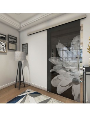 Glasschiebetür SLIM-LINE Blume 2 Gelasert Auf Grauglas