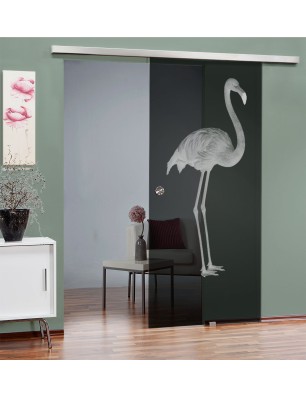Glasschiebetür SLIM-LINE Flamingo Gelasert Auf Grauglas