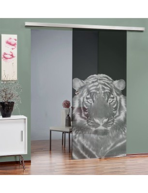 Glasschiebetür SLIM-LINE Tigerkopf Gelasert Auf Grauglas