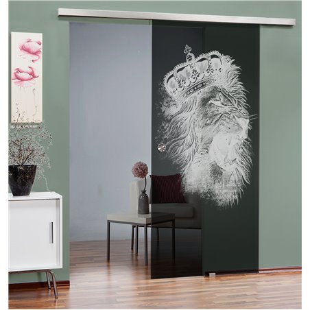 Glasschiebetür SLIM-LINE Lionking Gelasert Auf Grauglas