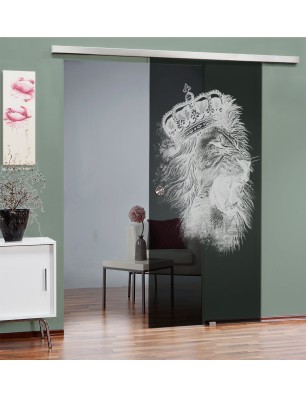 Glasschiebetür SLIM-LINE Lionking Gelasert Auf Grauglas
