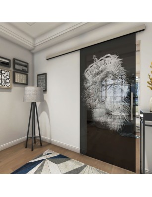 Glasschiebetür SLIM-LINE Lionking Gelasert Auf Grauglas