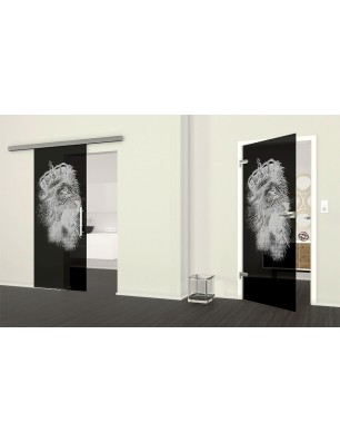 Glasschiebetür SLIM-LINE Lionking Gelasert Auf Grauglas