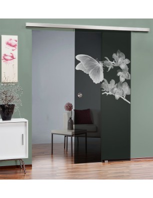 Glasschiebetür SLIM-LINE Butterfly Gelasert Auf Grauglas