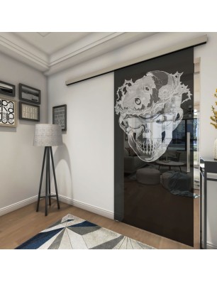 Glasschiebetür SLIM-LINE Skull 4 Gelasert Auf Grauglas