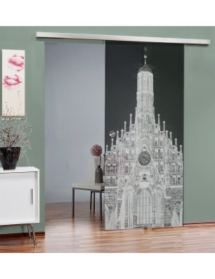 Glasschiebetür SLIM-LINE Frauenkirche Gelasert Auf Grauglas