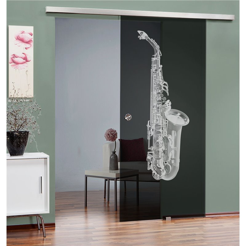 Glasschiebetür SLIM-LINE Saksofon Gelasert Auf Grauglas