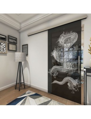 Glasschiebetür SLIM-LINE Dragon Gelasert Auf Grauglas
