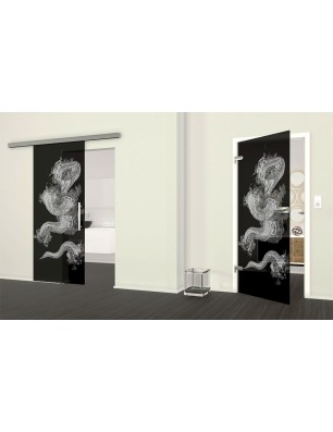 Glasschiebetür SLIM-LINE Dragon Gelasert Auf Grauglas