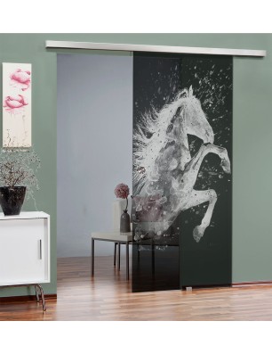 Glasschiebetür SLIM-LINE flying Horse Gelasert Auf Grauglas