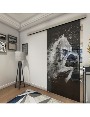 Glasschiebetür SLIM-LINE flying Horse Gelasert Auf Grauglas