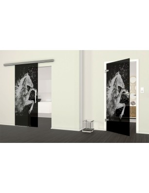 Glasschiebetür SLIM-LINE flying Horse Gelasert Auf Grauglas