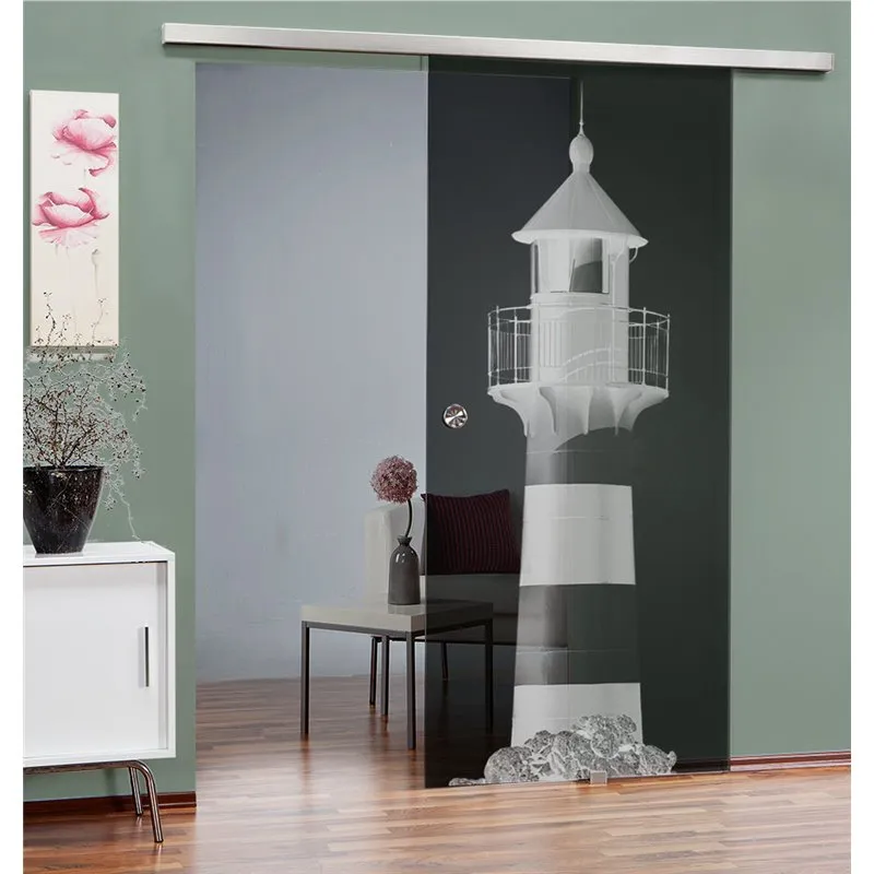 Glasschiebetür SLIM-LINE Leuchtturm 2 Gelasert Auf Grauglas