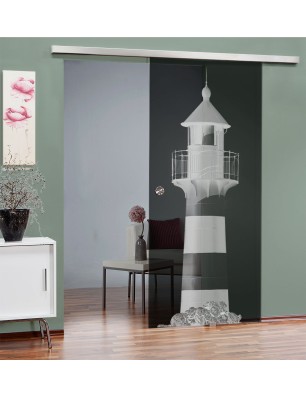Glasschiebetür SLIM-LINE Leuchtturm 2 Gelasert Auf Grauglas