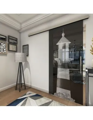 Glasschiebetür SLIM-LINE Leuchtturm 2 Gelasert Auf Grauglas