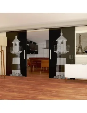 Glasschiebetür SLIM-LINE Leuchtturm 2 Gelasert Auf Grauglas