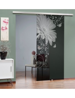 Glasschiebetür SLIM-LINE Blume 3 Gelasert Auf Grauglas
