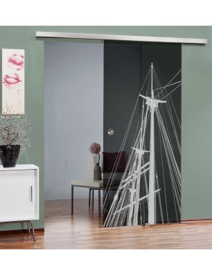 Glasschiebetür SLIM-LINE Dreimaster Gelasert Auf Grauglas