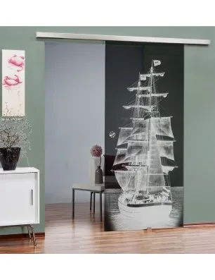 Glasschiebetür SLIM-LINE Segelschiff II Gelasert Auf Grauglas