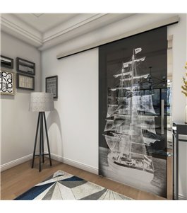 Glasschiebetür SLIM-LINE Segelschiff II Gelasert Auf Grauglas