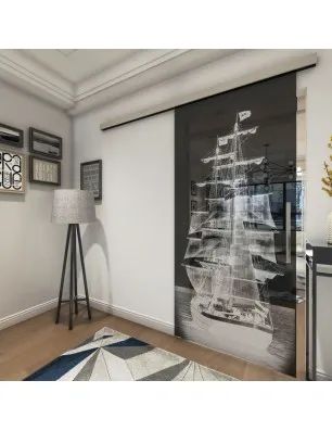 Glasschiebetür SLIM-LINE Segelschiff II Gelasert Auf Grauglas